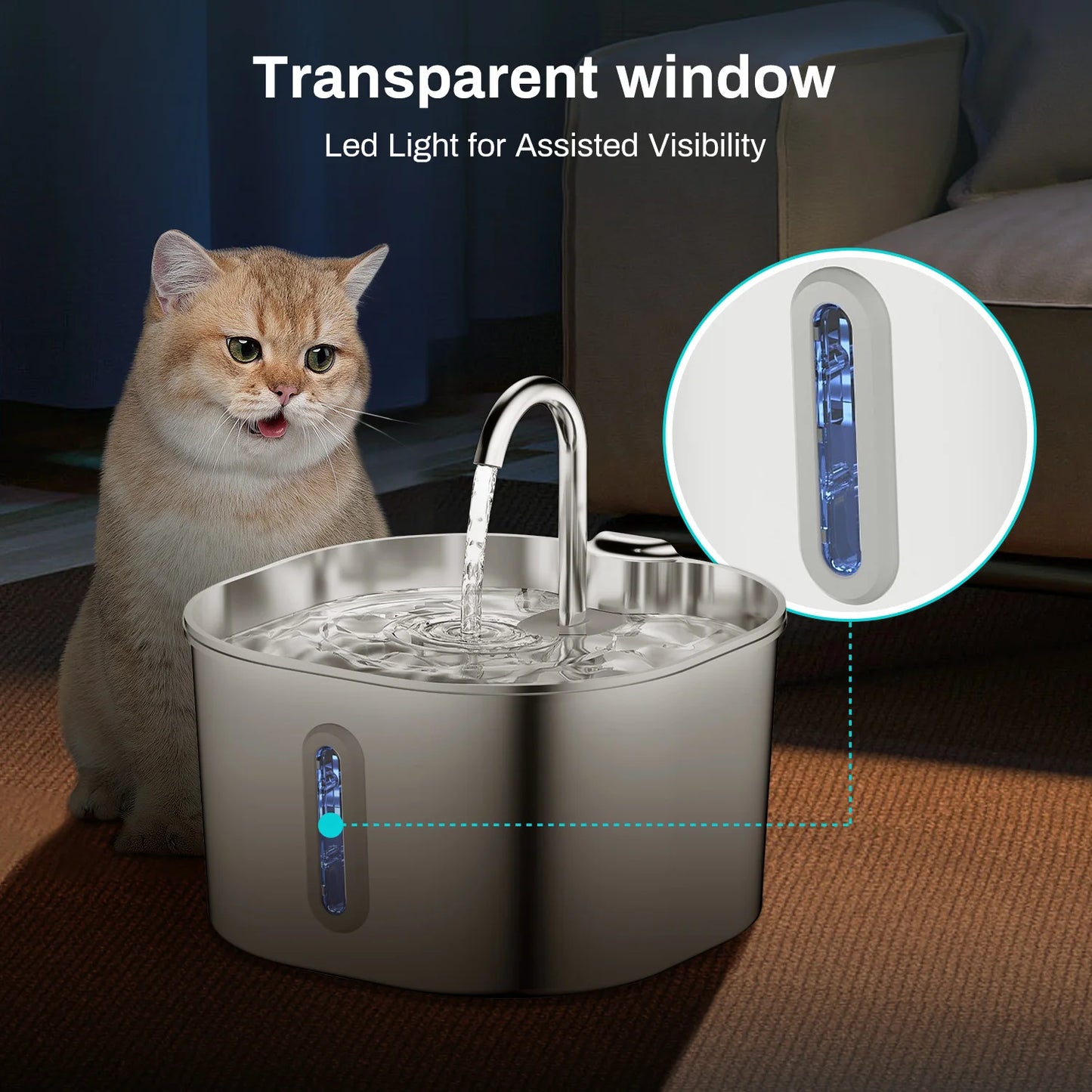 ZYFeeder 2.2L Automatic Cat Water Fountain Square Stainless Steel Pet Water Feeder Dog Water Fountain with window(No 5V 1A Plug)