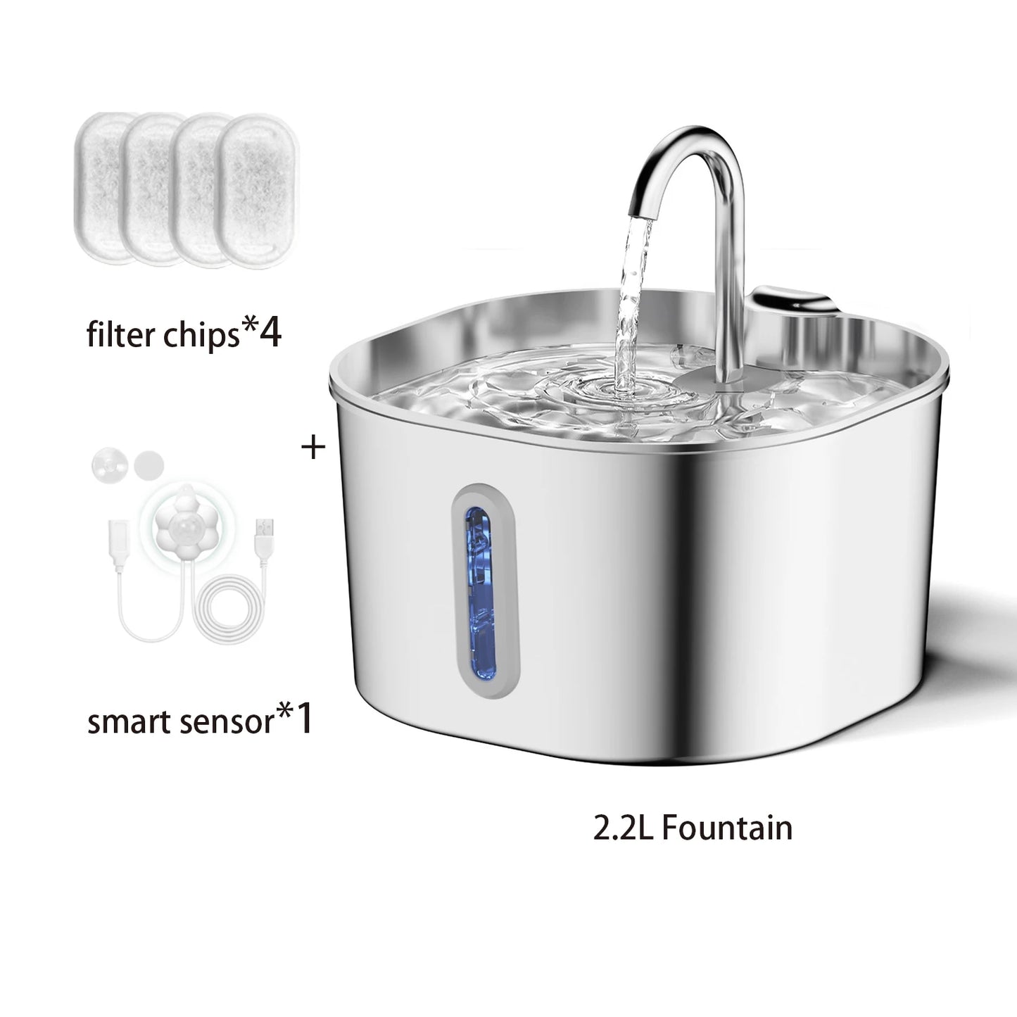ZYFeeder 2.2L Automatic Cat Water Fountain Square Stainless Steel Pet Water Feeder Dog Water Fountain with window(No 5V 1A Plug)